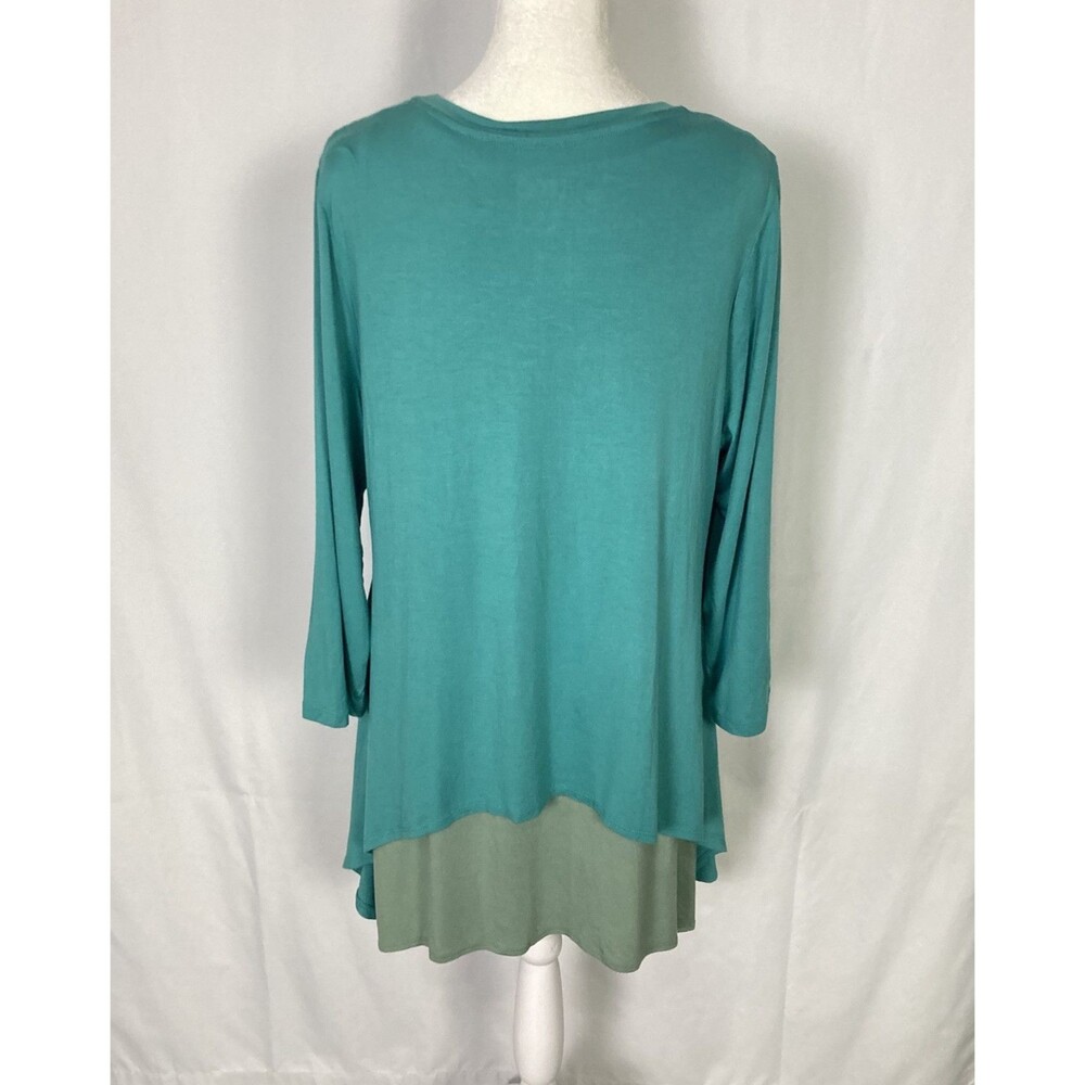 LOGO by Lori Goldstein Tunic Shirt Sz Large Sharkbite Hem Teal Green Knit Layers - Picture 3 of 9